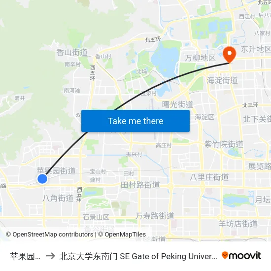 苹果园北 to 北京大学东南门 SE Gate of Peking University map