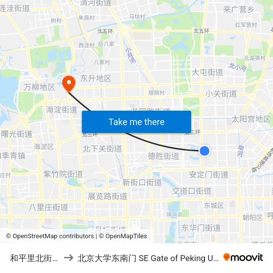 和平里北街西口 to 北京大学东南门 SE Gate of Peking University map