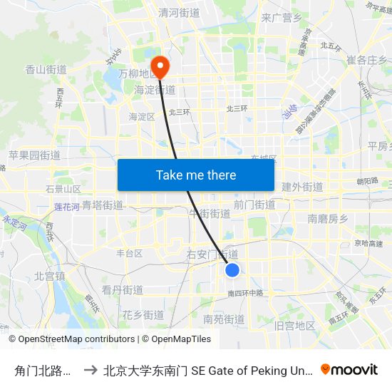 角门北路东口 to 北京大学东南门 SE Gate of Peking University map