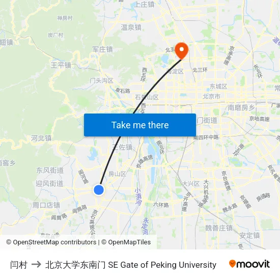 闫村 to 北京大学东南门 SE Gate of Peking University map