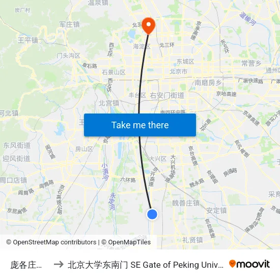 庞各庄南站 to 北京大学东南门 SE Gate of Peking University map
