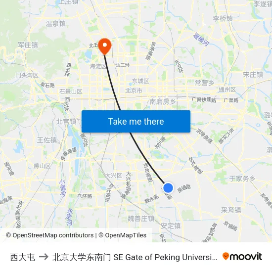西大屯 to 北京大学东南门 SE Gate of Peking University map