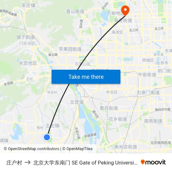 庄户村 to 北京大学东南门 SE Gate of Peking University map
