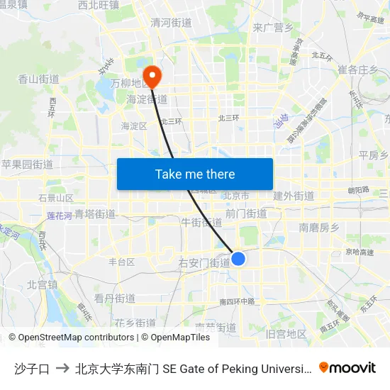 沙子口 to 北京大学东南门 SE Gate of Peking University map