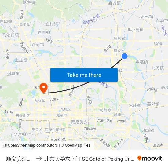 顺义滨河小区 to 北京大学东南门 SE Gate of Peking University map