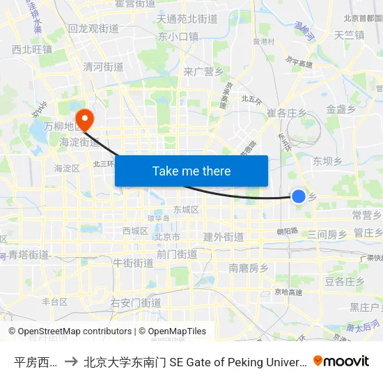 平房西口 to 北京大学东南门 SE Gate of Peking University map