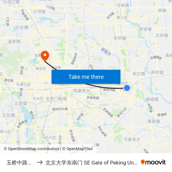 玉桥中路北口 to 北京大学东南门 SE Gate of Peking University map