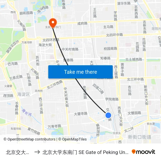 北京交大东门 to 北京大学东南门 SE Gate of Peking University map