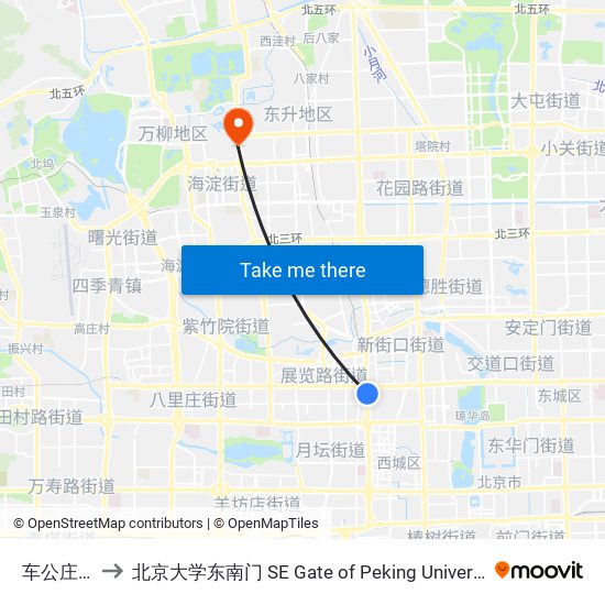 车公庄南 to 北京大学东南门 SE Gate of Peking University map