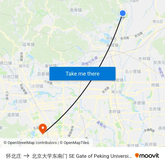 怀北庄 to 北京大学东南门 SE Gate of Peking University map