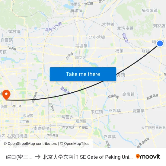 峪口(密三路) to 北京大学东南门 SE Gate of Peking University map