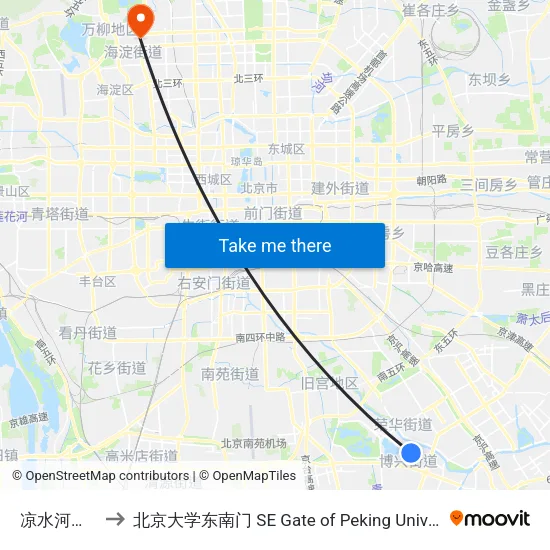 凉水河一街 to 北京大学东南门 SE Gate of Peking University map