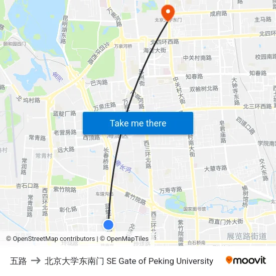 五路 to 北京大学东南门 SE Gate of Peking University map