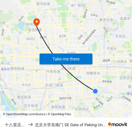 十八里店北桥 to 北京大学东南门 SE Gate of Peking University map