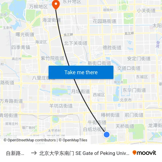 自新路口东 to 北京大学东南门 SE Gate of Peking University map
