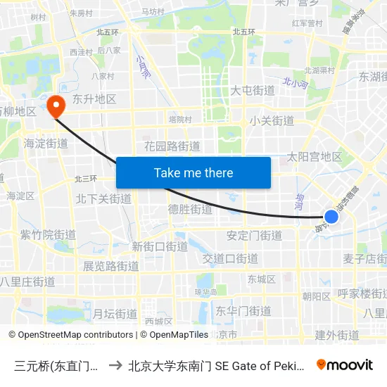 三元桥(东直门外斜街) to 北京大学东南门 SE Gate of Peking University map