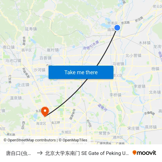 唐自口(虫高路) to 北京大学东南门 SE Gate of Peking University map