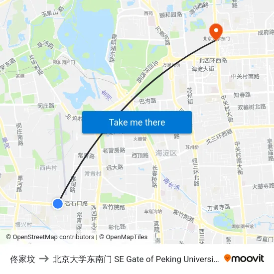 佟家坟 to 北京大学东南门 SE Gate of Peking University map