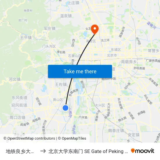 地铁良乡大学城站 to 北京大学东南门 SE Gate of Peking University map