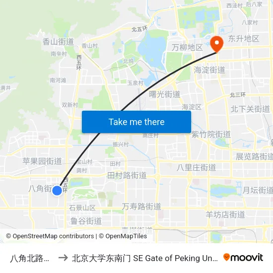 八角北路东口 to 北京大学东南门 SE Gate of Peking University map