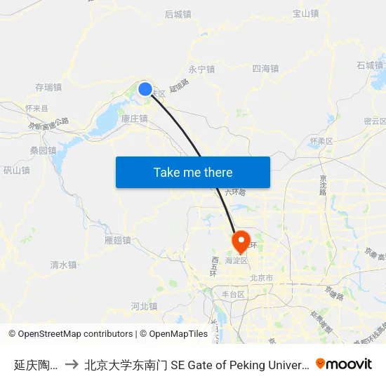 延庆陶庄 to 北京大学东南门 SE Gate of Peking University map