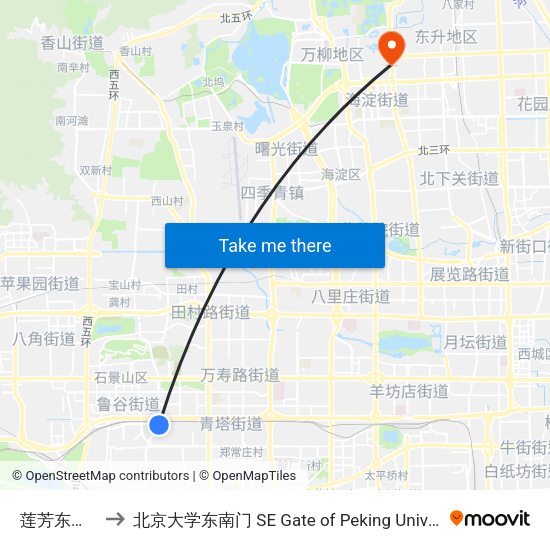 莲芳东桥南 to 北京大学东南门 SE Gate of Peking University map