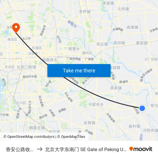 香安公路收费站 to 北京大学东南门 SE Gate of Peking University map