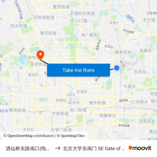 酒仙桥东路南口(电子城文化广场) to 北京大学东南门 SE Gate of Peking University map