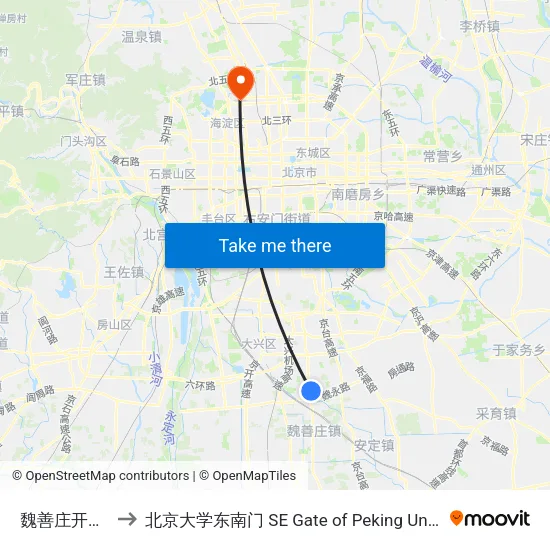 魏善庄开发区 to 北京大学东南门 SE Gate of Peking University map
