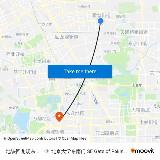 地铁回龙观东大街站 to 北京大学东南门 SE Gate of Peking University map