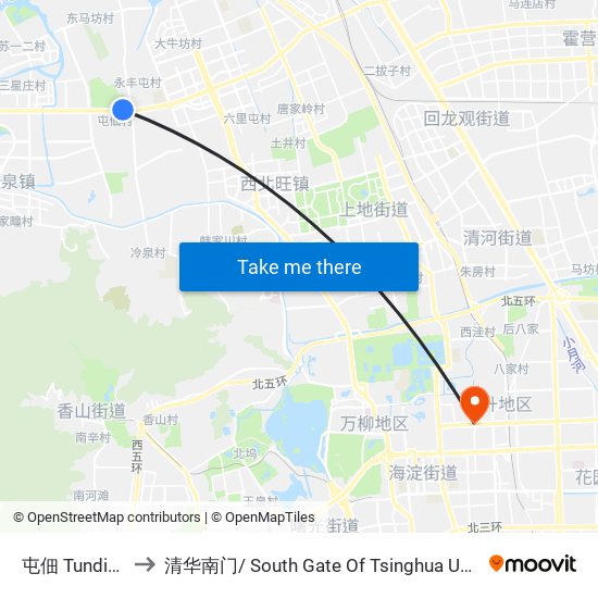 屯佃 Tundian to 清华南门/ South Gate Of Tsinghua Univ. map