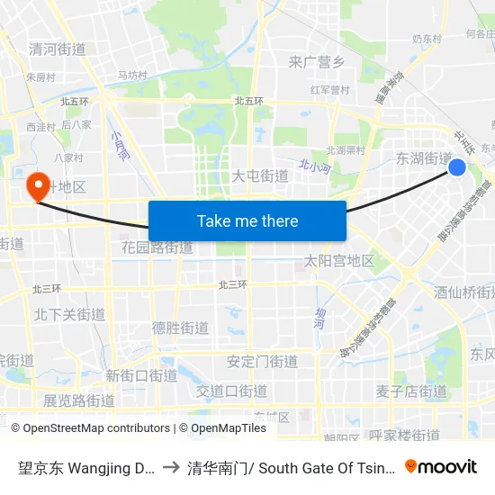 望京东 Wangjing Dong (E) to 清华南门/ South Gate Of Tsinghua Univ. map