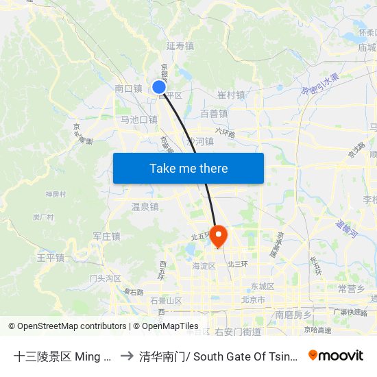 十三陵景区 Ming Tombs to 清华南门/ South Gate Of Tsinghua Univ. map