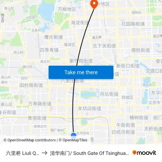 六里桥 Liuli Qiao to 清华南门/ South Gate Of Tsinghua Univ. map