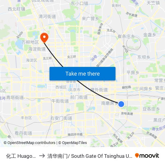 化工 Huagong to 清华南门/ South Gate Of Tsinghua Univ. map