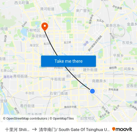 十里河 Shilihe to 清华南门/ South Gate Of Tsinghua Univ. map