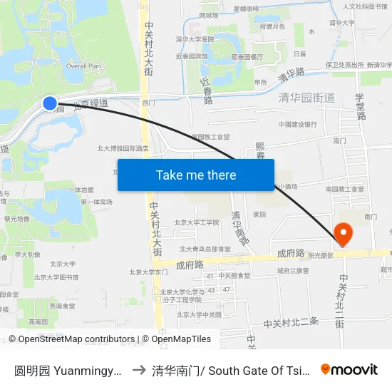 圆明园 Yuanmingyuan Park to 清华南门/ South Gate Of Tsinghua Univ. map