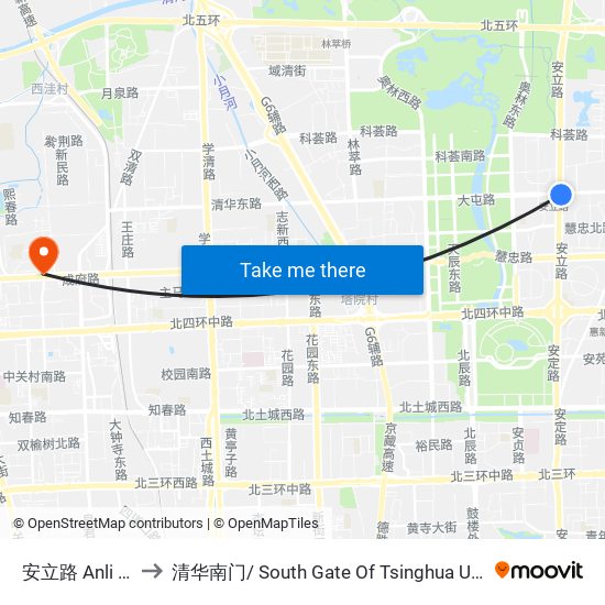 安立路 Anli Lu to 清华南门/ South Gate Of Tsinghua Univ. map