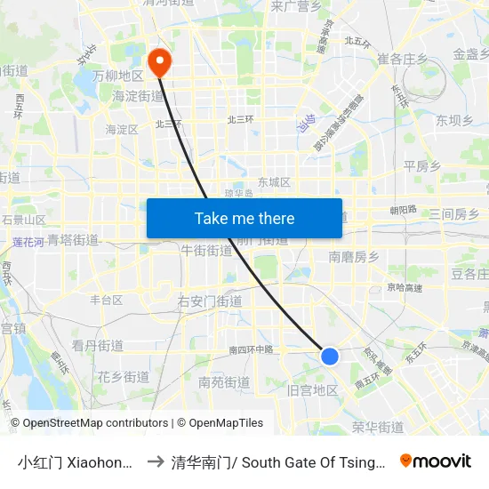 小红门 Xiaohong Men to 清华南门/ South Gate Of Tsinghua Univ. map