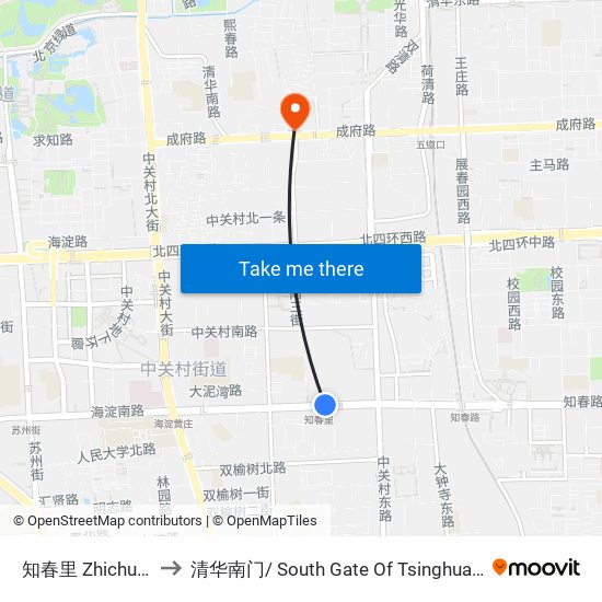 知春里 Zhichun Li to 清华南门/ South Gate Of Tsinghua Univ. map