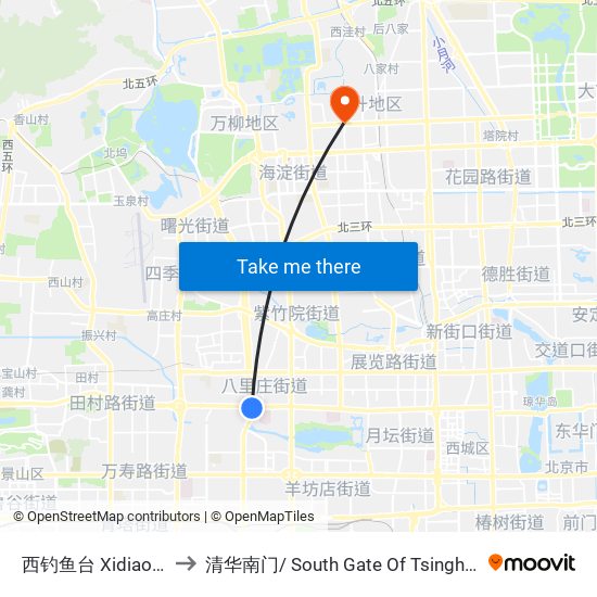 西钓鱼台 Xidiaoyutai to 清华南门/ South Gate Of Tsinghua Univ. map