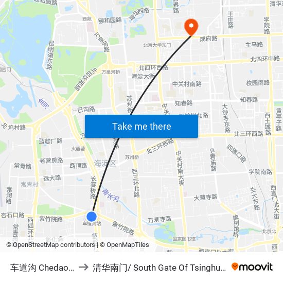 车道沟 Chedaogou to 清华南门/ South Gate Of Tsinghua Univ. map