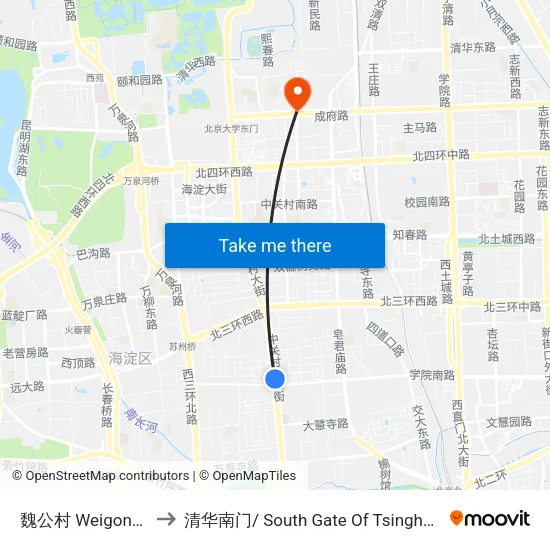魏公村 Weigongcun to 清华南门/ South Gate Of Tsinghua Univ. map