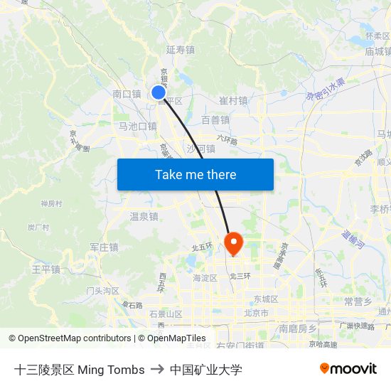 十三陵景区 Ming Tombs to 中国矿业大学 map