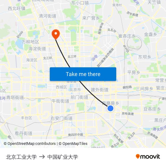 北京工业大学 to 中国矿业大学 map