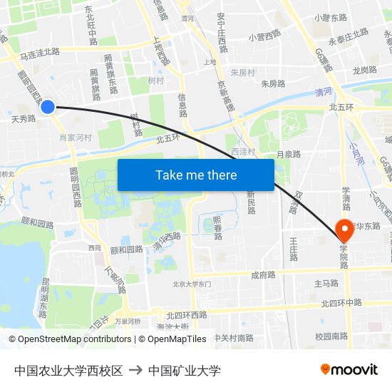 中国农业大学西校区 to 中国矿业大学 map