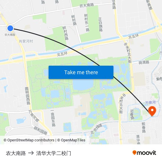 农大南路 to 清华大学二校门 map