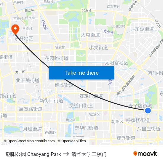 朝阳公园 Chaoyang Park to 清华大学二校门 map