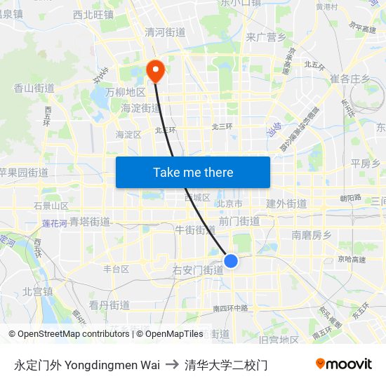 永定门外 Yongdingmen Wai to 清华大学二校门 map