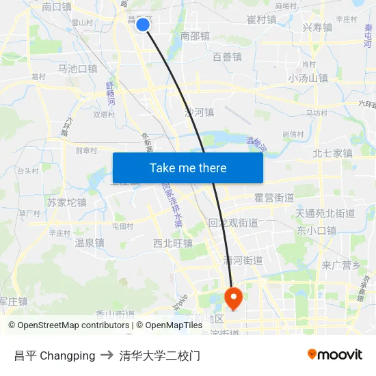 昌平 Changping to 清华大学二校门 map